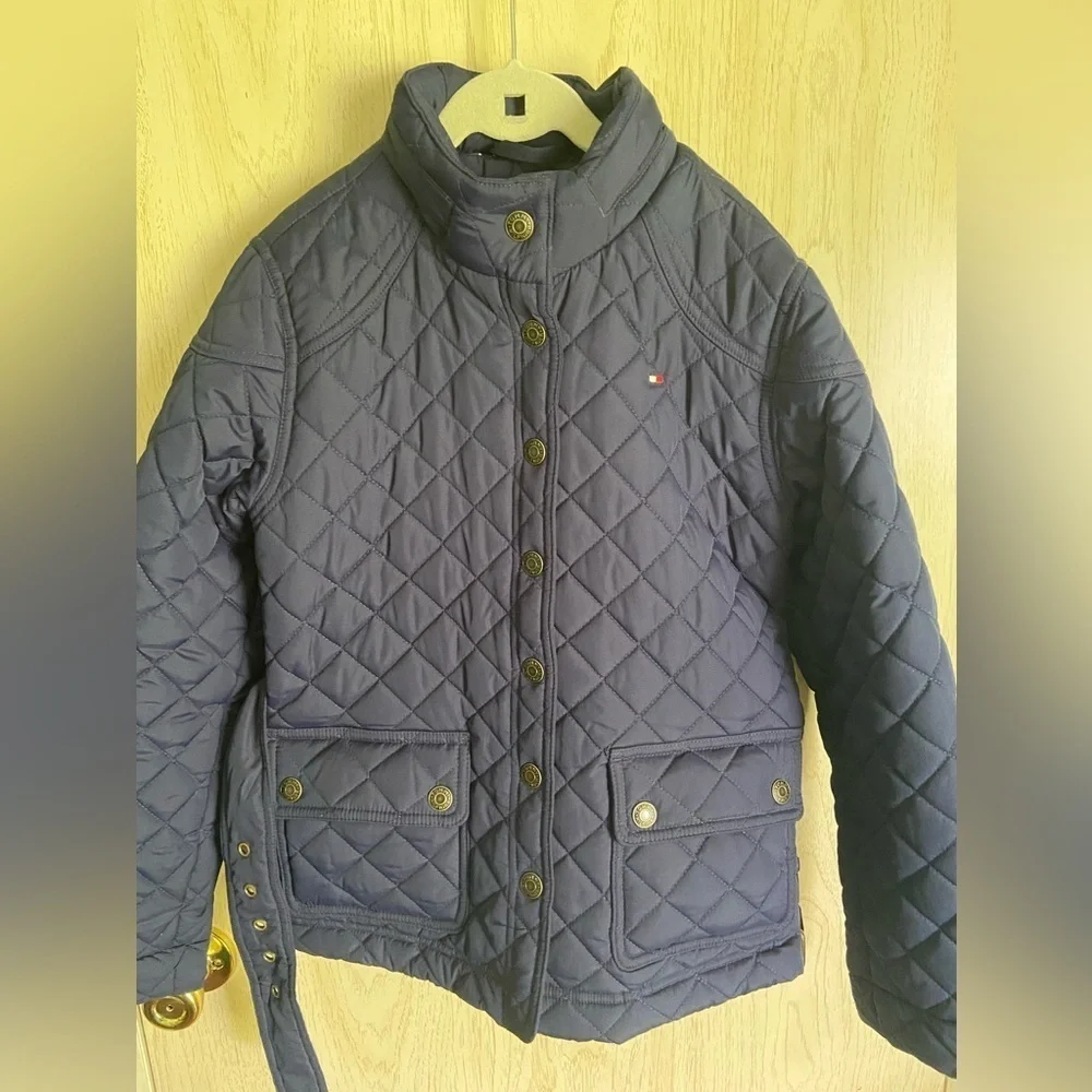 Tommy Hilfiger GIRLS Quilted Navy Blue Jacket w/ Hood & Belt L 12/14